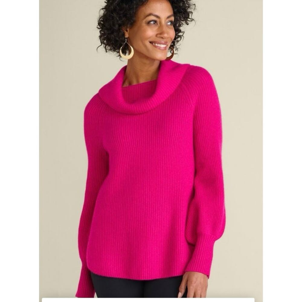 Soft Surroundings Brink Pink Cashmere Cowl Neck Bishop Sleeve Ribbed Sweater M